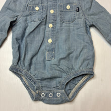 Load image into Gallery viewer, Boys Baby B'Gosh, blue chambray cotton shirtall romper, GUC, size 000,