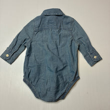 Load image into Gallery viewer, Boys Baby B'Gosh, blue chambray cotton shirtall romper, GUC, size 000,