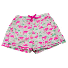 Load image into Gallery viewer, Girls Tu, lightweight cotton shorts, elasticated, flamingos, FUC, size 7-8,