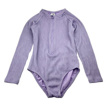 Load image into Gallery viewer, Girls Wave Zone, ribbed long sleeve swim one piece, EUC, size 7,