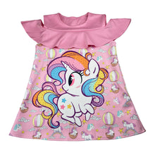 Load image into Gallery viewer, Girls Stretchy, lightweight dress, Unicorns, no labels: armpit to armpit 35cm, EUC, size 5-6, L: 54.5cm