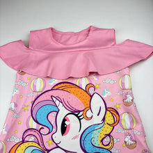 Load image into Gallery viewer, Girls Stretchy, lightweight dress, Unicorns, no labels: armpit to armpit 35cm, EUC, size 5-6, L: 54.5cm