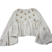 Load image into Gallery viewer, Girls Mini Minors Boutique, lined lightweight, beaded top, bell sleeves, GUC, size 3-4,