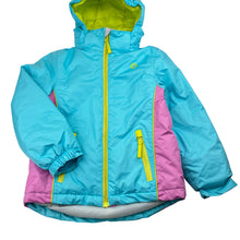 Load image into Gallery viewer, Girls Be Fit Be You, colourful ski jacket/coat, marks on cuffs, FUC, size 6,