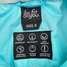 Load image into Gallery viewer, Girls Be Fit Be You, colourful ski jacket/coat, marks on cuffs, FUC, size 6,