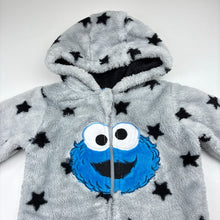 Load image into Gallery viewer, Unisex Sesame Street, Cookie Monster fleece zip hooded coverall, GUC, size 00,