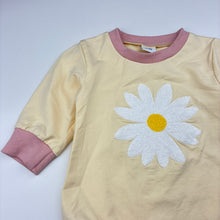 Load image into Gallery viewer, Girls yellow, long sleeve bodysuit/ romper, flower, EUC, size 00,