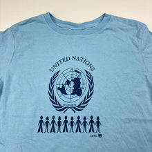 Load image into Gallery viewer, Unisex RABBIT SKINS, blue cotton t-shirt, united nations, GUC, size 4,