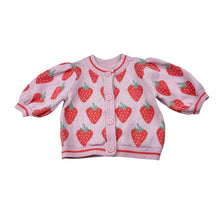 Load image into Gallery viewer, Girls Dymples, knitted cotton cardigan, strawberries, EUC, size 000,