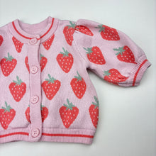 Load image into Gallery viewer, Girls Dymples, knitted cotton cardigan, strawberries, EUC, size 000,