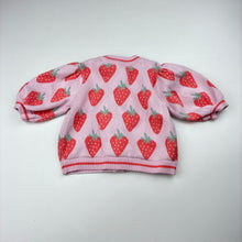 Load image into Gallery viewer, Girls Dymples, knitted cotton cardigan, strawberries, EUC, size 000,