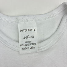 Load image into Gallery viewer, Unisex Baby Berry, white cotton bodysuit / romper, pilling, FUC, size 1,