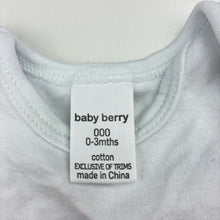 Load image into Gallery viewer, Unisex Baby Berry, white cotton bodysuit / romper, GUC, size 000,