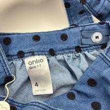Load image into Gallery viewer, Girls Anko, denim lightweight overalls dress / pinafore, GUC, size 4, L: 52cm