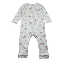 Load image into Gallery viewer, Girls purebaby, organic cotton zip romper, horses, light mark on knee, FUC, size 0,