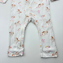 Load image into Gallery viewer, Girls purebaby, organic cotton zip romper, horses, light mark on knee, FUC, size 0,