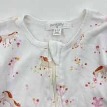 Load image into Gallery viewer, Girls purebaby, organic cotton zip romper, horses, light mark on knee, FUC, size 0,