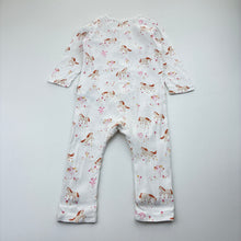 Load image into Gallery viewer, Girls purebaby, organic cotton zip romper, horses, light mark on knee, FUC, size 0,