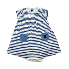 Load image into Gallery viewer, Girls Petit Bateau, striped cotton romper dress, light marks, FUC, size 0, L: 38cm