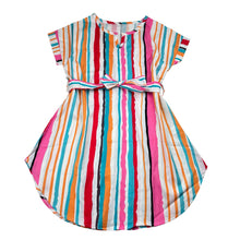 Load image into Gallery viewer, Girls lightweight, colourful striped dress, EUC, size 5-6, L: 66cm