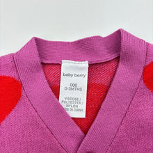 Load image into Gallery viewer, Girls Baby Berry, soft feel knit cardigan, hearts, EUC, size 000,