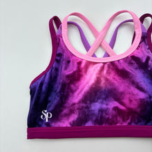 Load image into Gallery viewer, Girls SYLVIA P, pink &amp; purple velour dance / gymnastics crop top, EUC, size 10,