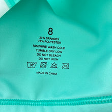 Load image into Gallery viewer, Girls aqua, dance / gymnastics crop top, light mark lower front, FUC, size 8,