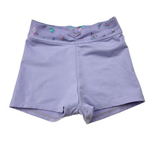 Load image into Gallery viewer, Girls purple, dance shorts, butterflies, light marks on bottom, FUC, size 6,