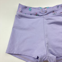 Load image into Gallery viewer, Girls purple, dance shorts, butterflies, light marks on bottom, FUC, size 6,