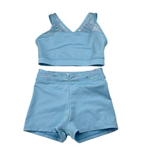 Load image into Gallery viewer, Girls Capezio, blue dance crop top &amp; shorts, butterflies, EUC, size 7-8,
