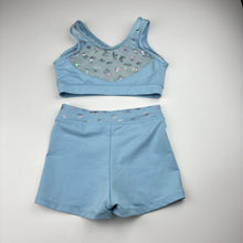 Load image into Gallery viewer, Girls Capezio, blue dance crop top &amp; shorts, butterflies, EUC, size 7-8,