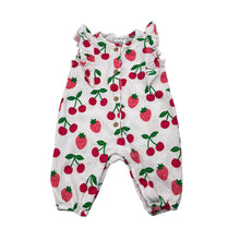 Load image into Gallery viewer, Girls Target, stretchy organic cotton blend romper, strawberries, GUC, size 000,