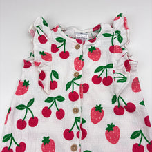 Load image into Gallery viewer, Girls Target, stretchy organic cotton blend romper, strawberries, GUC, size 000,