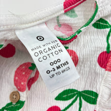 Load image into Gallery viewer, Girls Target, stretchy organic cotton blend romper, strawberries, GUC, size 000,