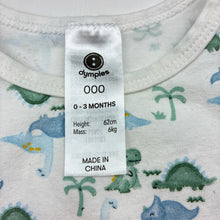 Load image into Gallery viewer, Unisex Dymples, stretch cotton bodysuit / romper, dinosaurs, GUC, size 000,
