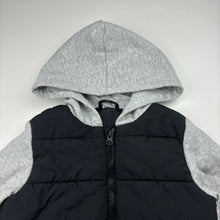 Load image into Gallery viewer, Boys black &amp; grey, zip up hooded jacket, no labels, armpit to armpit: 32cm, shoulder to cuff: 35cm, GUC, size 4,