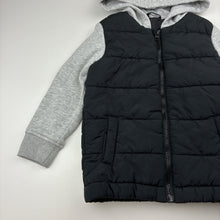 Load image into Gallery viewer, Boys black &amp; grey, zip up hooded jacket, no labels, armpit to armpit: 32cm, shoulder to cuff: 35cm, GUC, size 4,