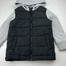 Load image into Gallery viewer, Boys black &amp; grey, zip up hooded jacket, no labels, armpit to armpit: 32cm, shoulder to cuff: 35cm, GUC, size 4,