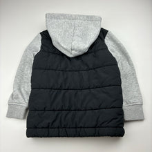 Load image into Gallery viewer, Boys black &amp; grey, zip up hooded jacket, no labels, armpit to armpit: 32cm, shoulder to cuff: 35cm, GUC, size 4,