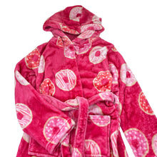 Load image into Gallery viewer, Girls Tilii, soft fleece dressing gown / bathrobe, doughnuts, GUC, size 8,