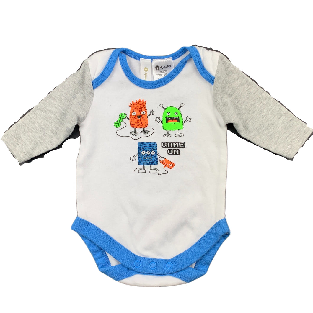 Dymples soft cotton bodysuit / romper, monsters, size 000, Pre-loved
