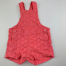 Load image into Gallery viewer, Girls Target, coral broderie cotton overalls / shortalls, GUC, size 00