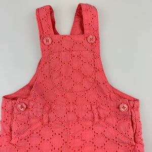 Girls Target, coral broderie cotton overalls / shortalls, GUC, size 00