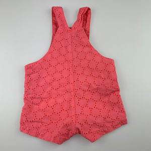 Girls Target, coral broderie cotton overalls / shortalls, GUC, size 00