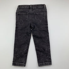 Load image into Gallery viewer, Unisex Kids &amp; Co Baby, black knit stretch denim jeans, adjustable, Inside leg: 32cm, GUC, size 1