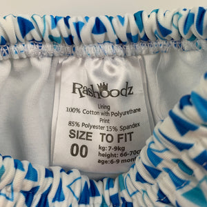 Unisex Rashoodz, blue & white swim nappy / bottoms, EUC, size 000