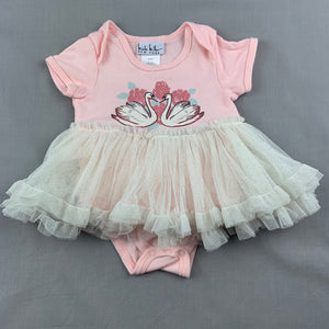 Girls Nicole Miller New York, pink cotton tutu romper, swans, GUC, size 00