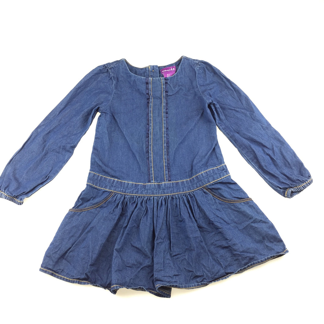 Girls Shrinking Violet, blue lightweight denim long sleeve party dress, pockets, GUC, size 5