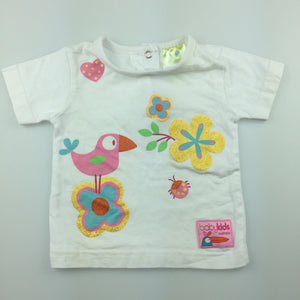 Girls Baby Kids, white cotton t-shirt / top, Bird & Flower, GUC, size 00