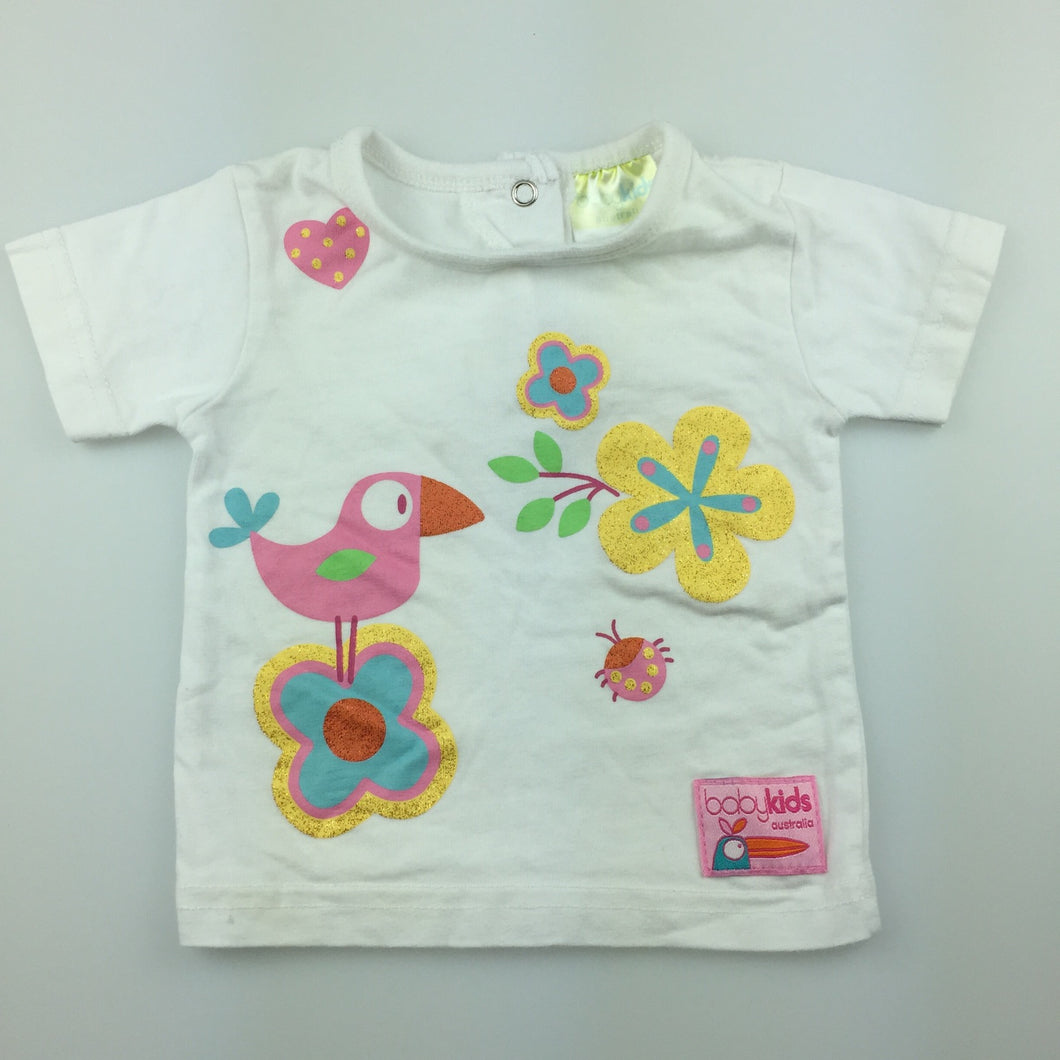 Girls Baby Kids, white cotton t-shirt / top, Bird & Flower, GUC, size 00